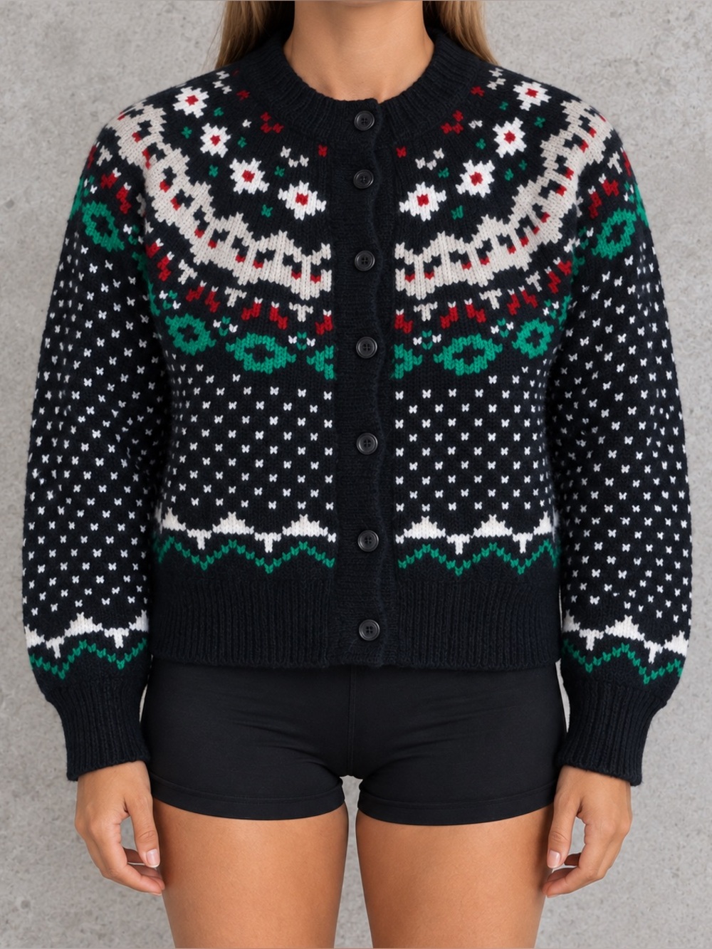Vintage Fair Isle Cardigan Sweater Universal Thread M Black Red Green Holiday